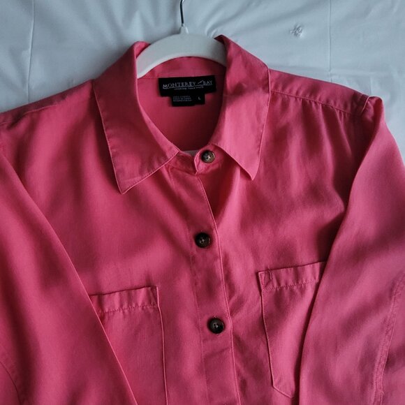 Bright Pink Long Sleeve Button Blouse Size L Monterey Bay - Picture 14 of 15